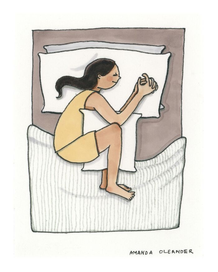 Illustration of a person curled up on a bed, capturing a private moment in a wholesome illustration series.