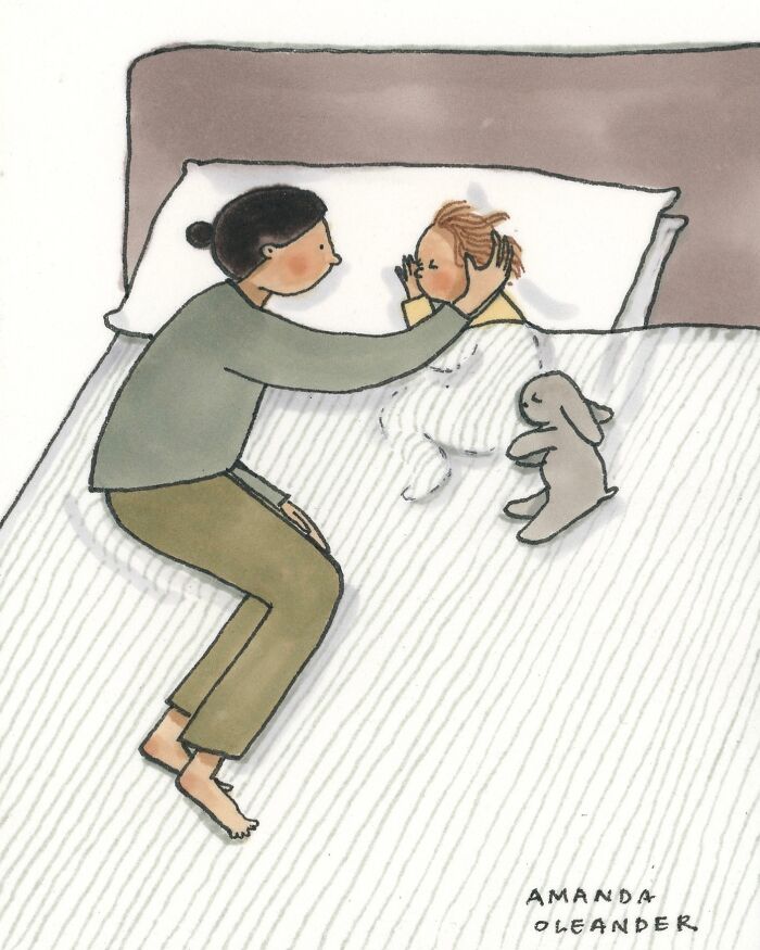 Illustration of a person lovingly holding a child's face in bed, part of wholesome private moments artwork series.