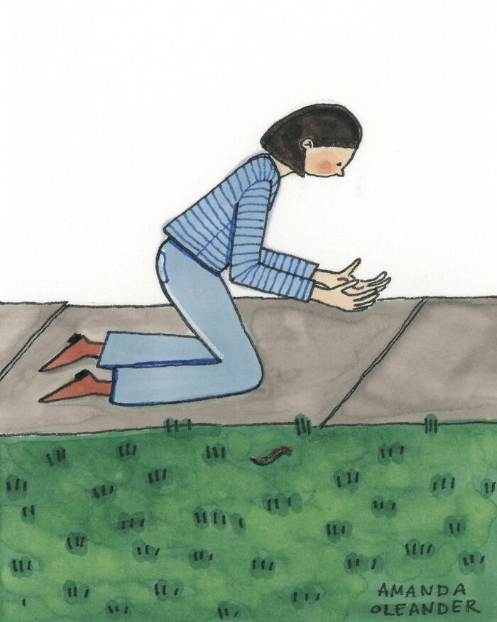 Person kneeling on a sidewalk reaching out to a worm on grass, wholesome illustrations showing private moments.