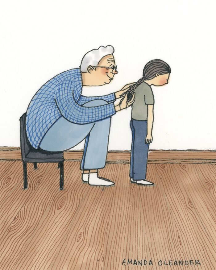 Wholesome illustration of an elderly person braiding a child's hair, capturing private moments in art.
