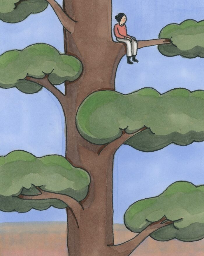 Illustration showing a person sitting alone on a tree branch, representing private moments by the artist.