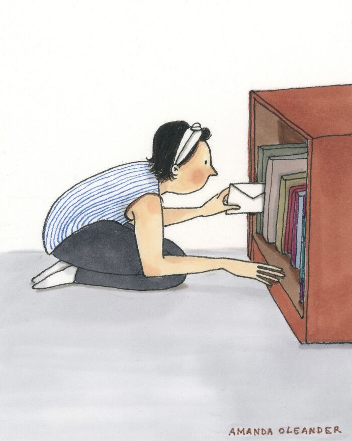 Person kneeling while placing a letter in a bookshelf in a wholesome illustration by the artist sharing private moments.