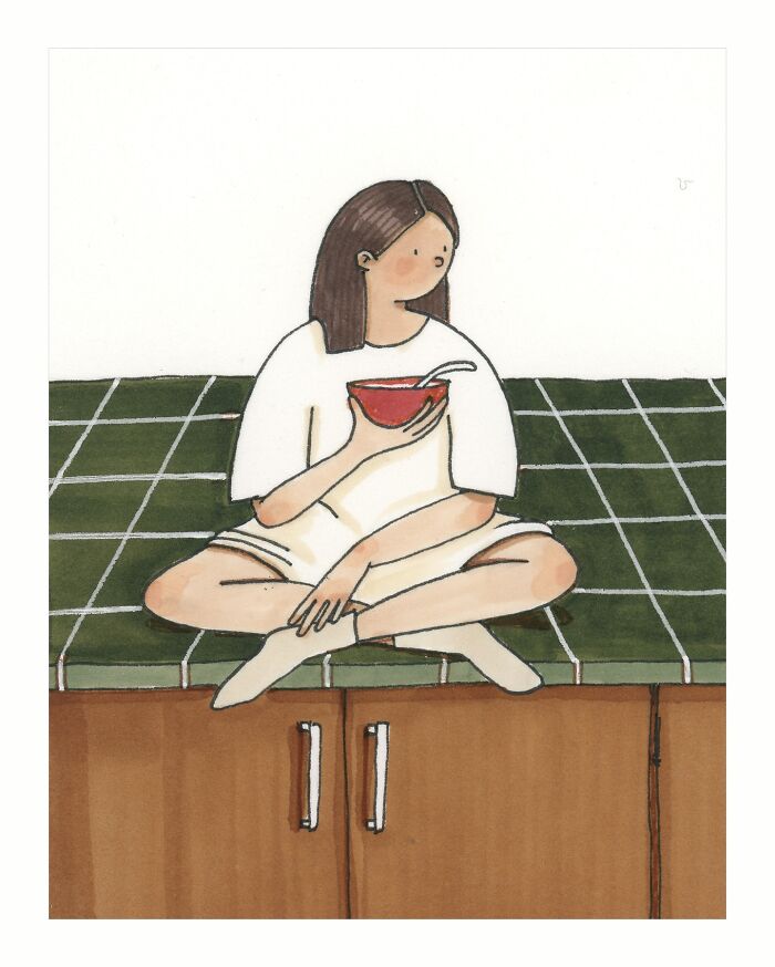 Illustration of a person sitting cross-legged on a kitchen counter, enjoying a bowl of food in private moments.