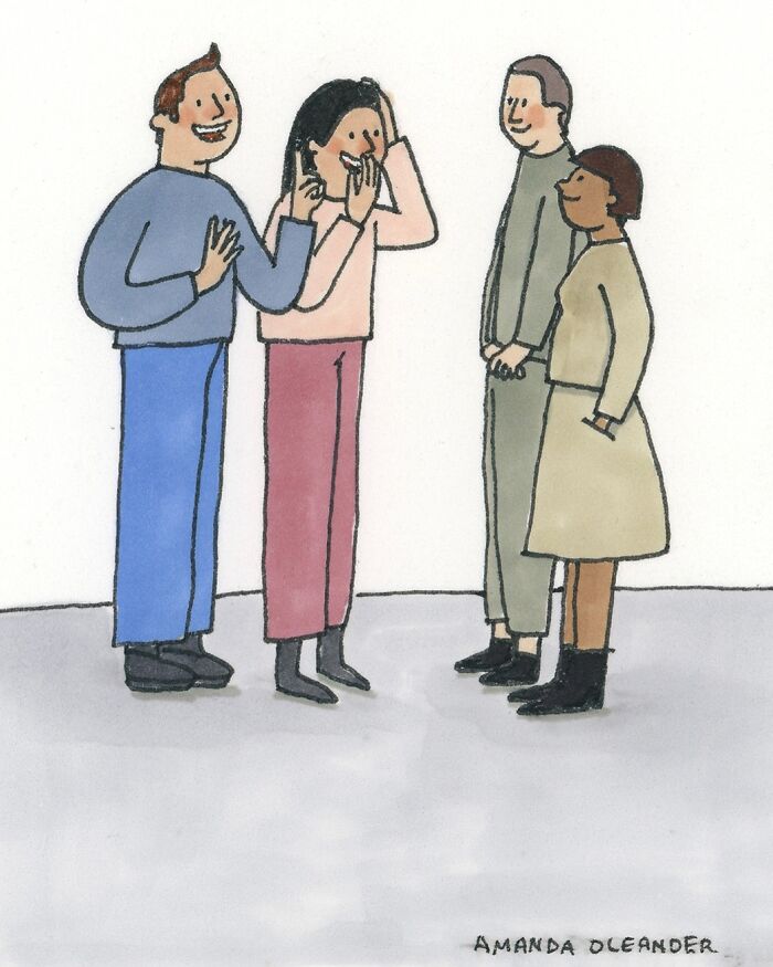 Wholesome illustration showing four people sharing private moments and enjoying a lighthearted conversation.