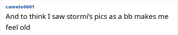 Comment text on screen discussing Kylie Jenner's daughter Stormi in relation to her growing up and baby pictures.