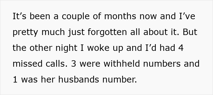 Text excerpt showing someone describing missed calls from a woman who suddenly turned flaky and missed her friend&rsquo;s wedding.