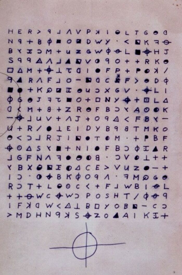 Cryptic coded message with symbols and letters, representing one of the world's most baffling unsolved mysteries in cryptography.