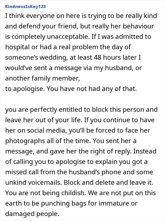 Comment discussing a woman&rsquo;s flaky behavior, missing a friend&rsquo;s wedding, and sending a malicious voicemail.