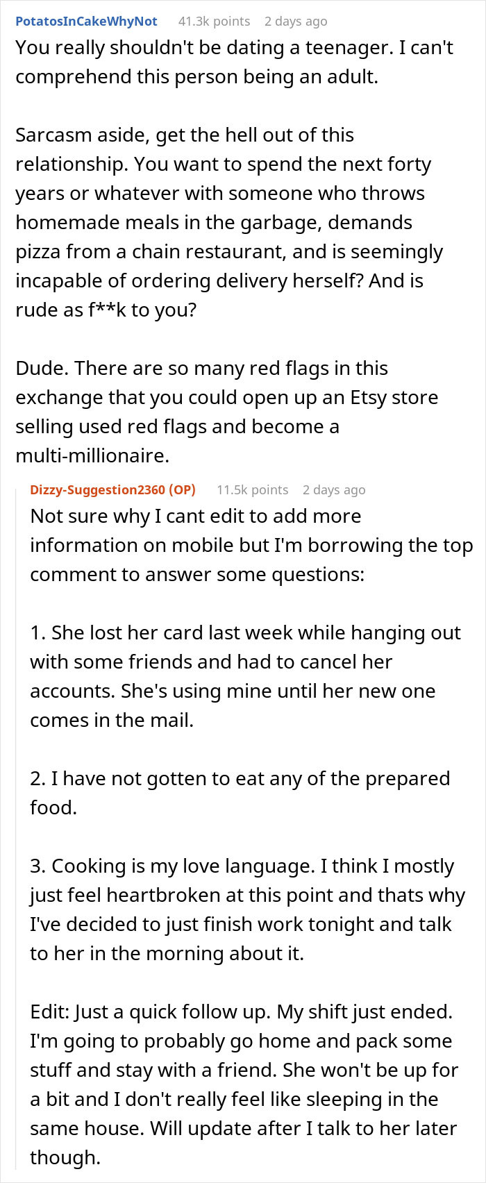 Reddit comments discussing breakup and anger after woman throws away homemade dinner, causing relationship fallout.