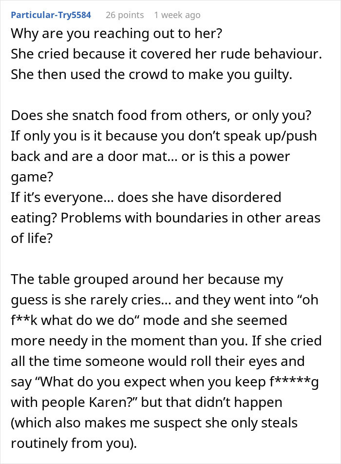 Text comment analyzing coworker behavior discussing food stealing and boundary issues in a workplace conflict scenario.
