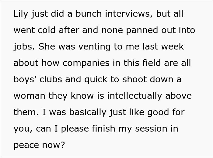 Text excerpt showing a woman blaming sexism for job rejections and her sister giving a reality check on the situation.