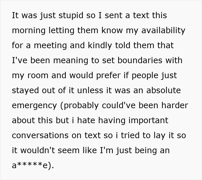Text message about setting boundaries with roommates regarding private bathroom use inside their room. Text message about setting boundaries with roommates regarding private bathroom use inside their room.