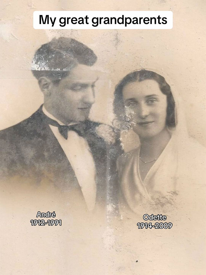 Faded vintage photo of great grandparents Andr&eacute; and Odette, representing family historian and online family tree inspiration.
