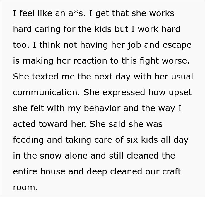 Text discussing a man reflecting on his wife's hard work caring for kids and managing the household despite his doubts.