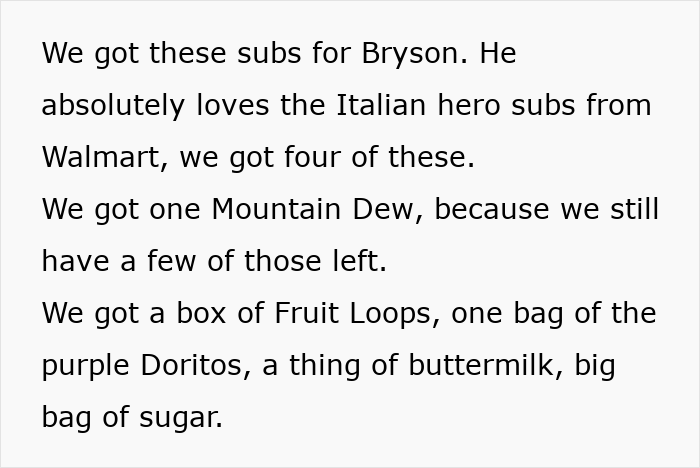 American family grocery haul featuring subs, Mountain Dew, Fruit Loops, Doritos, buttermilk, and a big bag of sugar.
