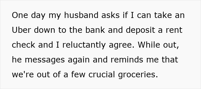 Text excerpt describing a husband asking his wife to deposit a rent check while mentioning crucial groceries needed.