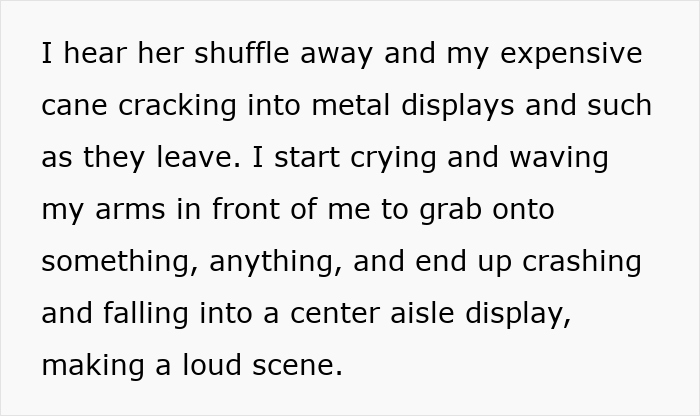 Person reacting with arms outstretched after kid steals blind cane, causing a loud scene in a store aisle.