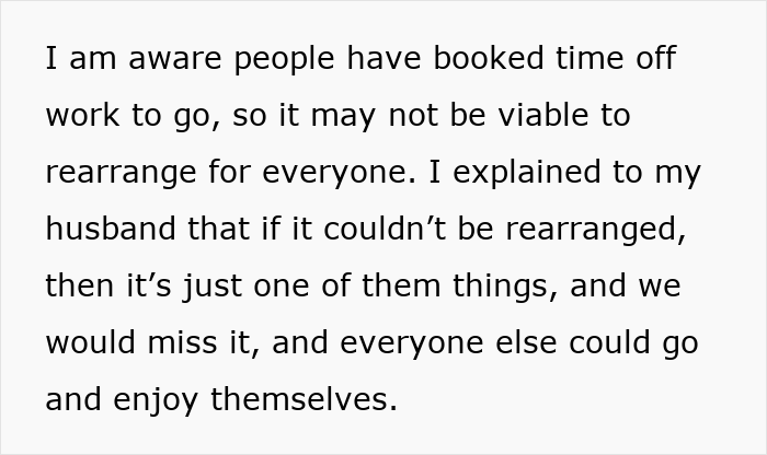 Text excerpt about a husband and wife discussing rearranging time off work for a postpartum trip decision.