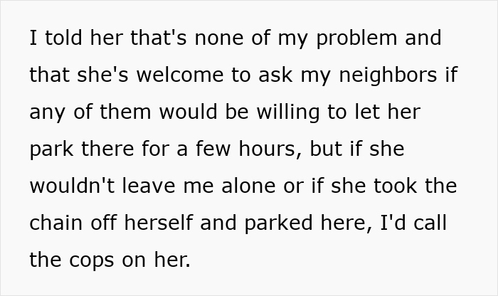 Text excerpt showing a confrontation where a young woman threatens cops regarding parking and a pregnant woman situation.