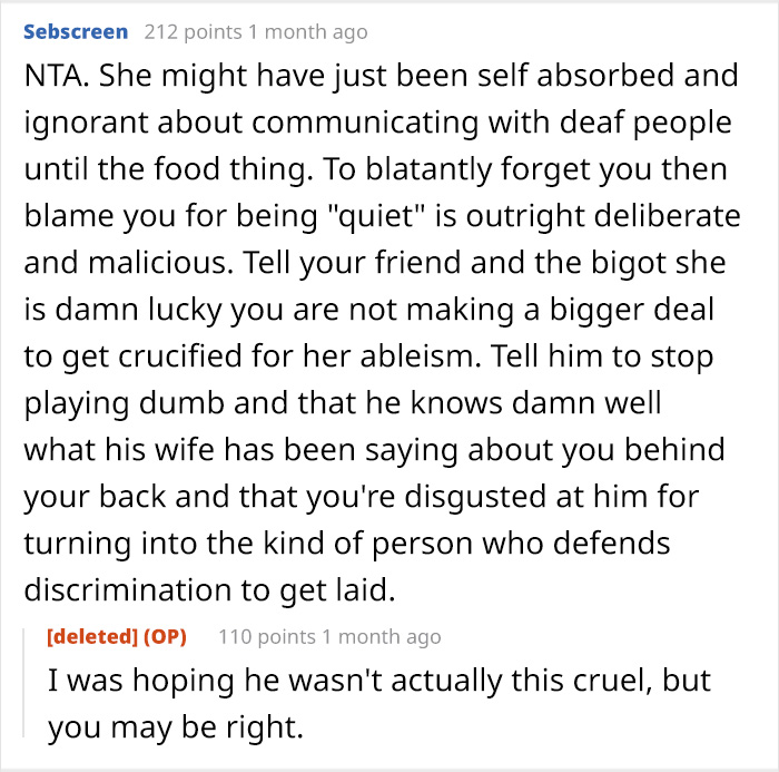 Reddit comment discussing communication challenges between a woman and a deaf man labeled as quiet and ignored.