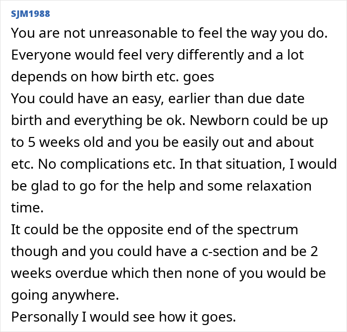 Commenter explains feelings about postpartum trip and challenges with newborn or c-section recovery after pregnancy.