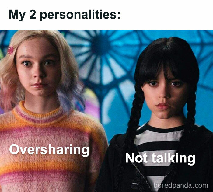Two women side by side illustrating introvert personalities of oversharing and not talking in a meme format.