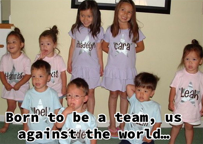 Group of young children wearing personalized shirts with names, representing Kate and Jon Gosselin&rsquo;s son Collin&rsquo;s message.