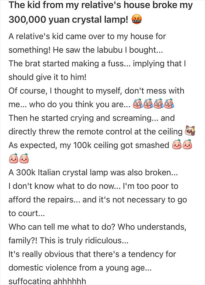 Angry boy breaks expensive glass ceiling and chandelier over a Labubu doll causing costly damage at a relative&rsquo;s house.