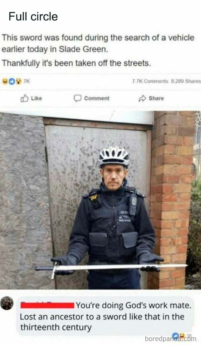 British meme showing a police officer holding a sword found during a vehicle search, capturing chaotic British humor.