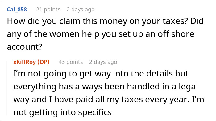 Online discussion about paid companion answering questions on being with wealthy married women and financial matters.