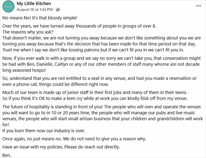 Caf&eacute; owner calls out entitled customers after leaving teen worker in tears over seating policy enforcement.