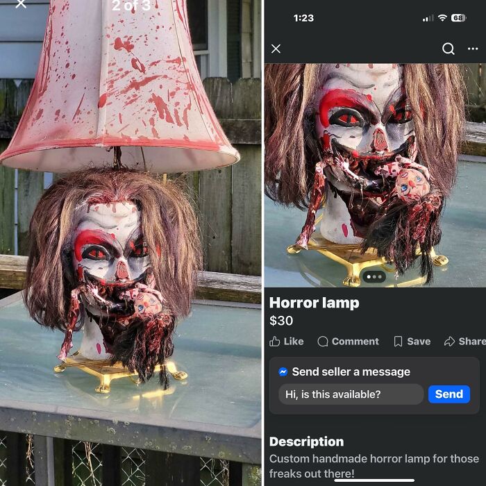 Horrendous DIY horror lamp craft project with blood splatters and a creepy doll head, perfect for craft shaming.