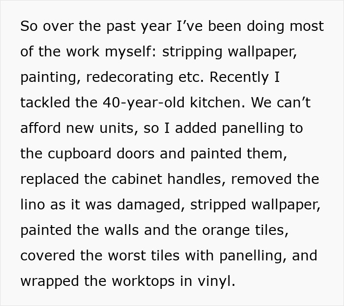 Woman doing DIY kitchen makeover by painting, paneling cupboards, replacing handles, and updating worktops and walls.