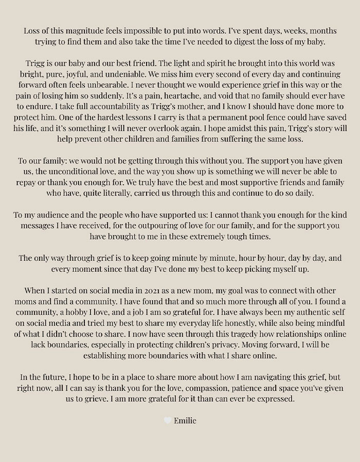 Public statement by momfluencer taking full accountability after 3-year-old's tragic drowning in home pool.