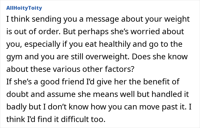 Text message conversation about a woman seeing a good friend after 7 years and being told to lose weight.