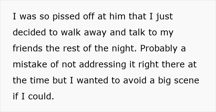 Text excerpt showing frustration at a guy pretending to be single at a party, avoiding confrontation with dumb excuses.