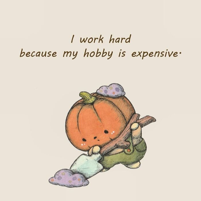 Adorable pumpkin character working hard, illustrating adorably evil pumpkin capturing inner thoughts with a playful expression.