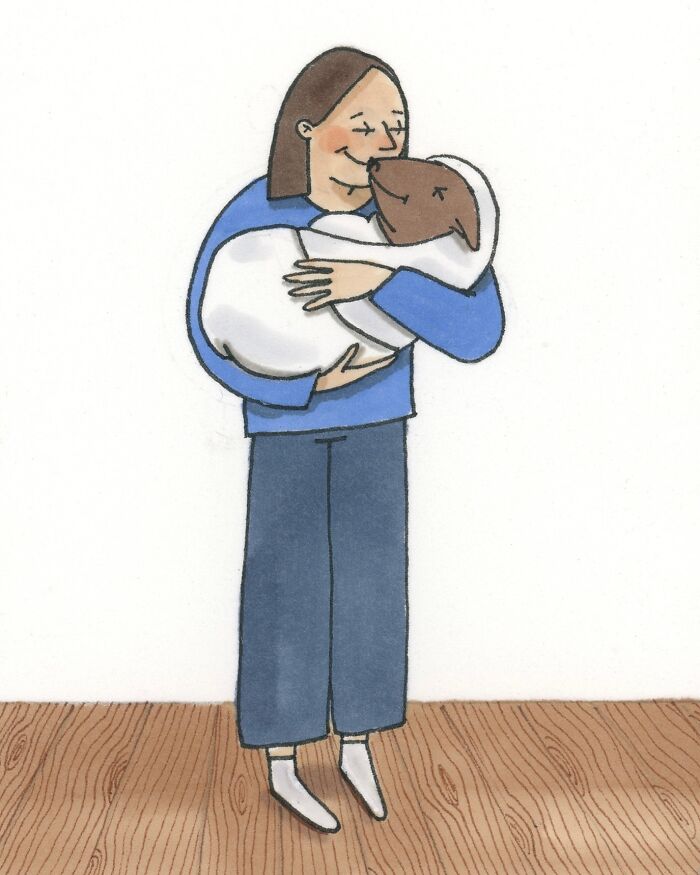Wholesome illustration of a person holding and cuddling a dog, representing private moments shared by an artist.