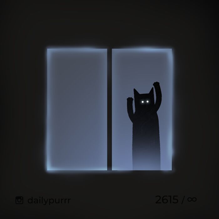 Digital doodle of a black cat with glowing eyes standing and raising its paws in a dark room, viral cat pics inspired.