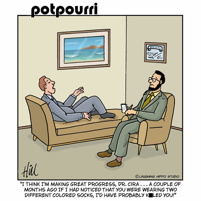 One-panel comic from Laughing Hippo Studio showing a patient humorously talking to a therapist about mismatched socks.