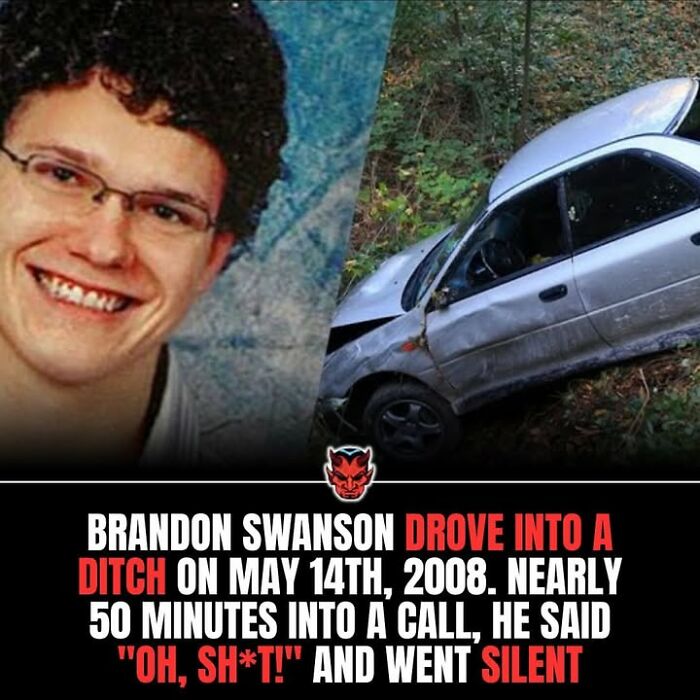 Photo collage of a young man smiling and a crashed silver car in a ditch with creepy facts and pictures theme.