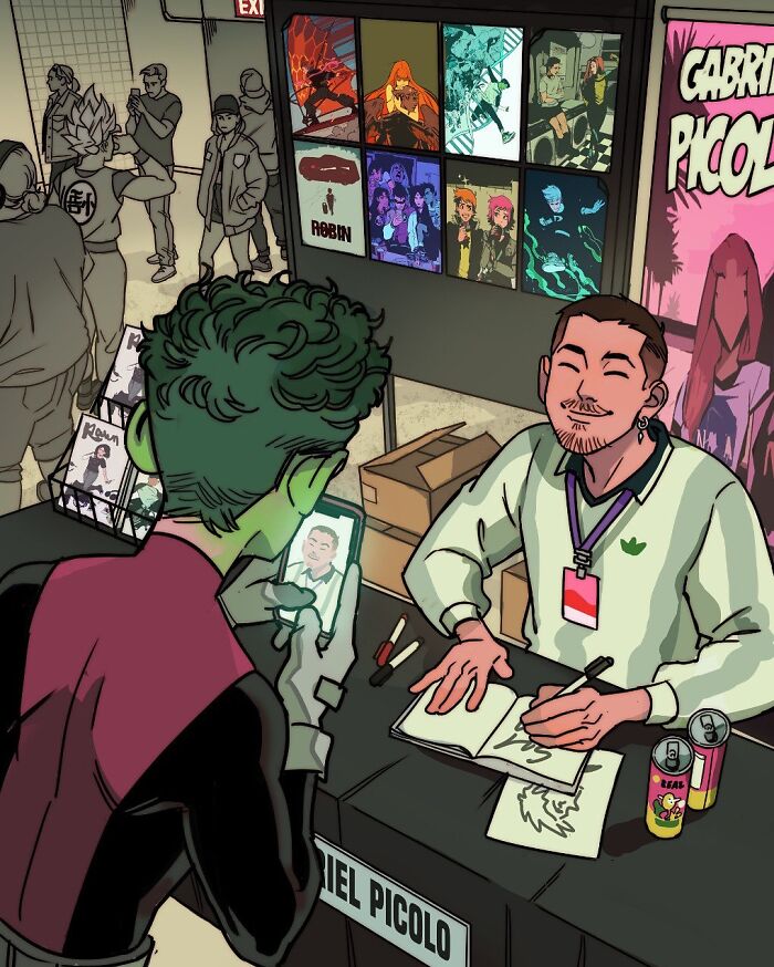 Digital artist Gabriel Picolo drawing Teen Titans characters on a tablet, showcasing relatable young heroes through visual storytelling.
