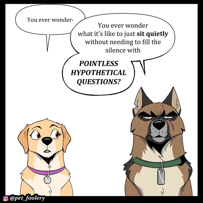 Two dogs in a backyard comic from Pet Foolery, humorously discussing what it's like to be a bat using echo location.