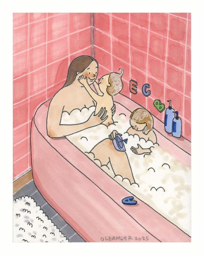 Wholesome illustration of a mother and children sharing a private moment together in a bubble-filled bathtub.