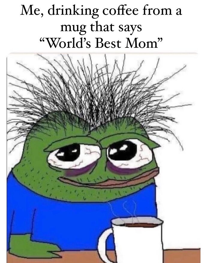 Tired cartoon character with messy hair drinking coffee from a mug, humorously capturing cool mom parenting moments.