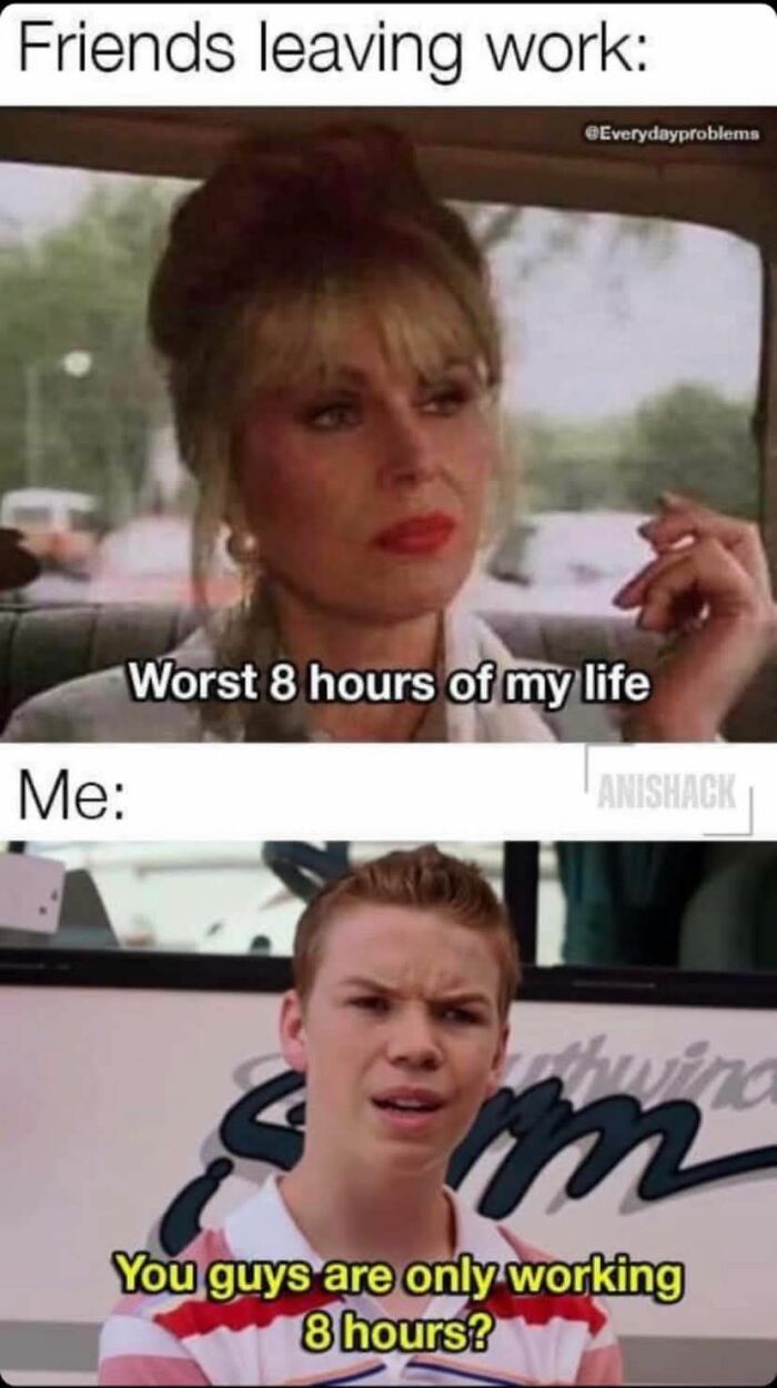 Woman looking tired and man surprised in a funny work meme about long hours in the workplace for work memes SEO.