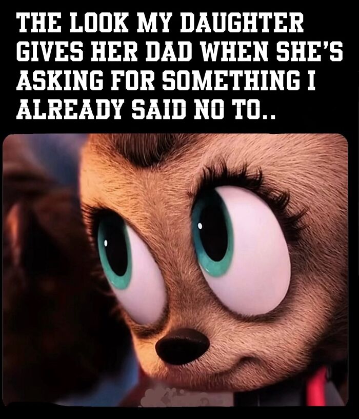 Close-up of an animated character with big eyes showing a typical parenting moment of child asking after hearing no.