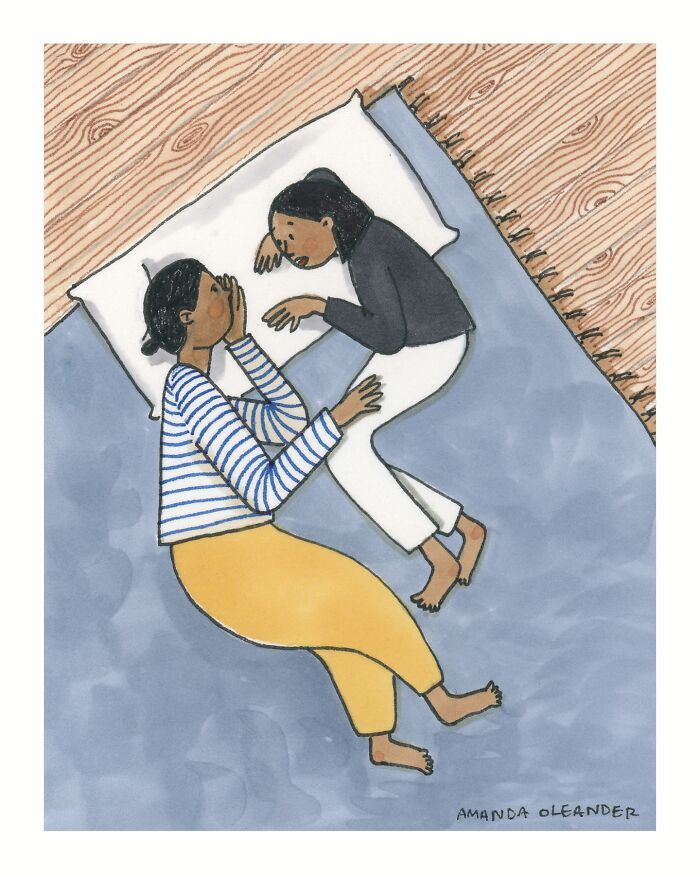 Two people lying on a bed having a private conversation in a wholesome illustration by the artist.