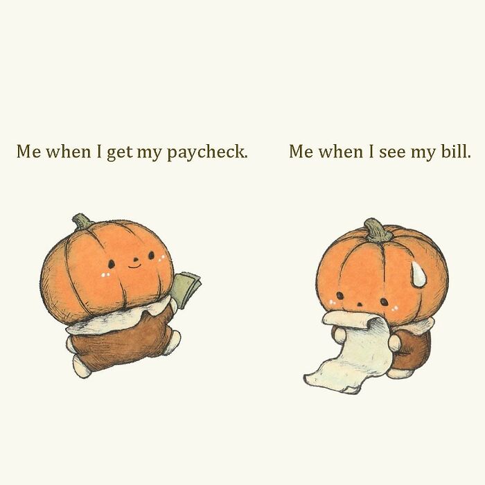 Adorably evil pumpkin illustration showing happy pumpkin with money and sad pumpkin with bill, capturing inner thoughts.