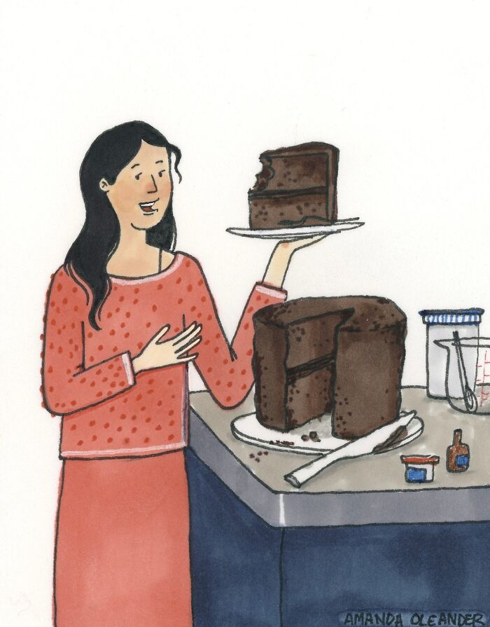 Illustration of a woman enjoying a private moment eating cake created by an artist sharing wholesome illustrations.